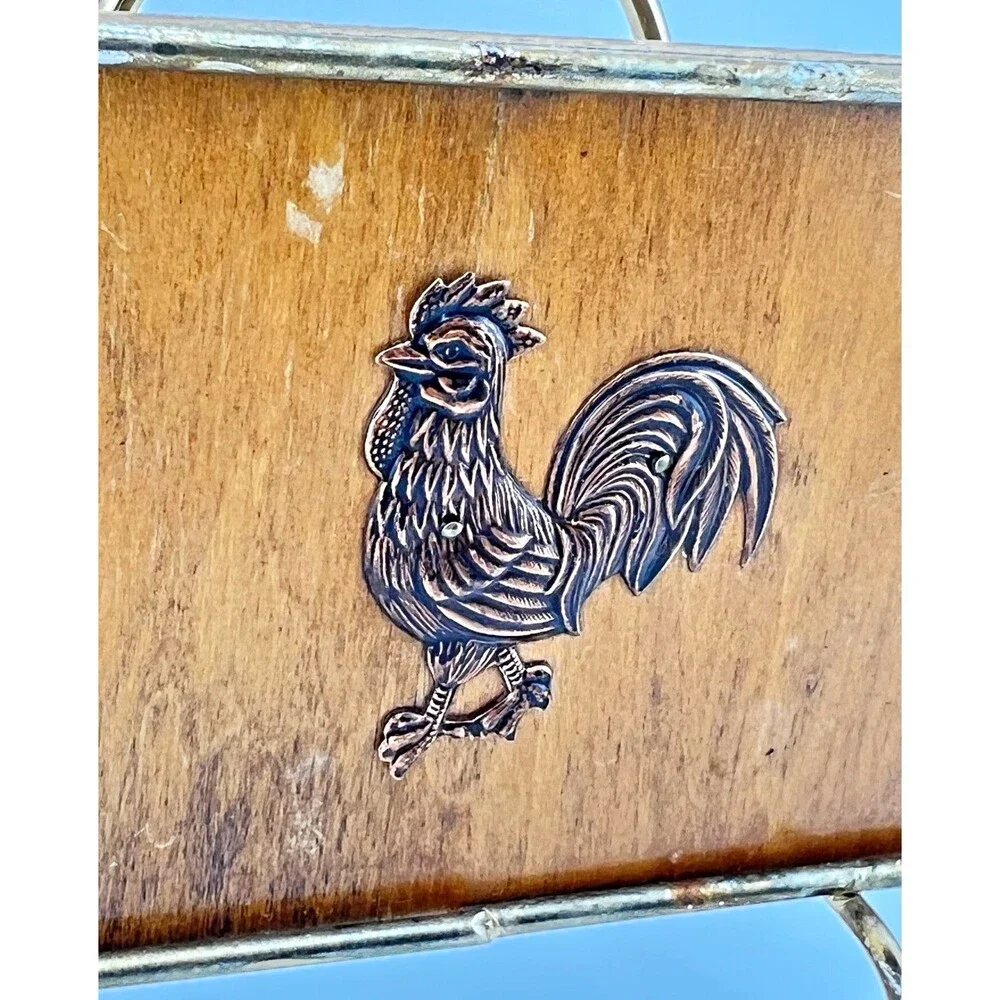 Vtg Victor Goldman Rooster Napkin Holder Wood Brass MCM Country Farmhouse Retro